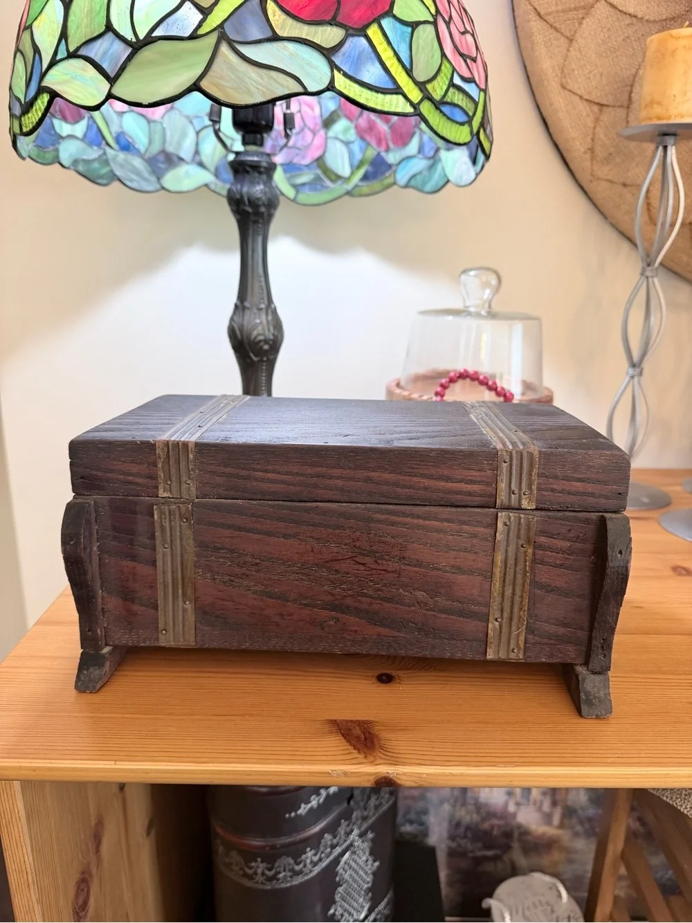 Vintage Wood Storage Box with Brass Accent Straps